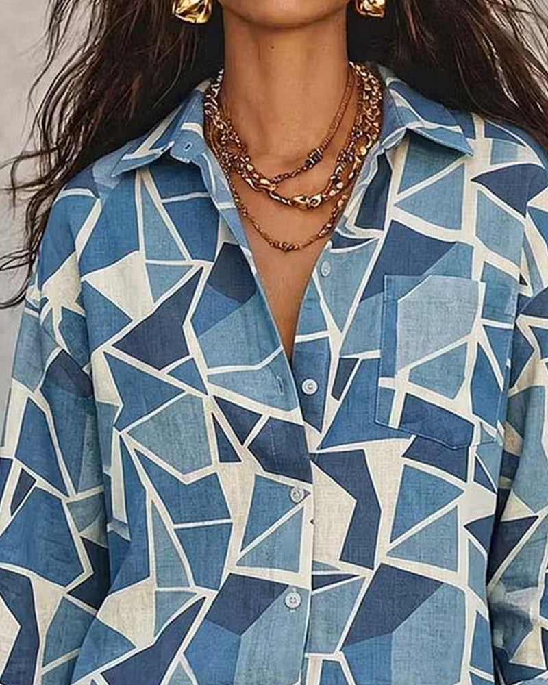 Bluzka Geometryczny Nadruk Kołnierz Długi Rękaw