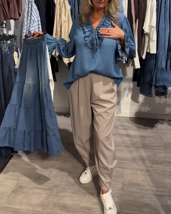 Bluza Falbanka Brzeg Wiązać Denim