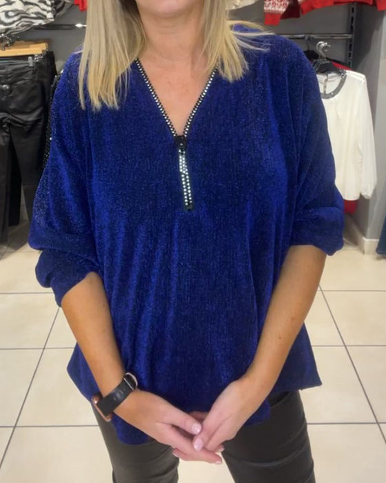 Swobodna bluzka z długim rękawem i zamkiem błyskawicznym