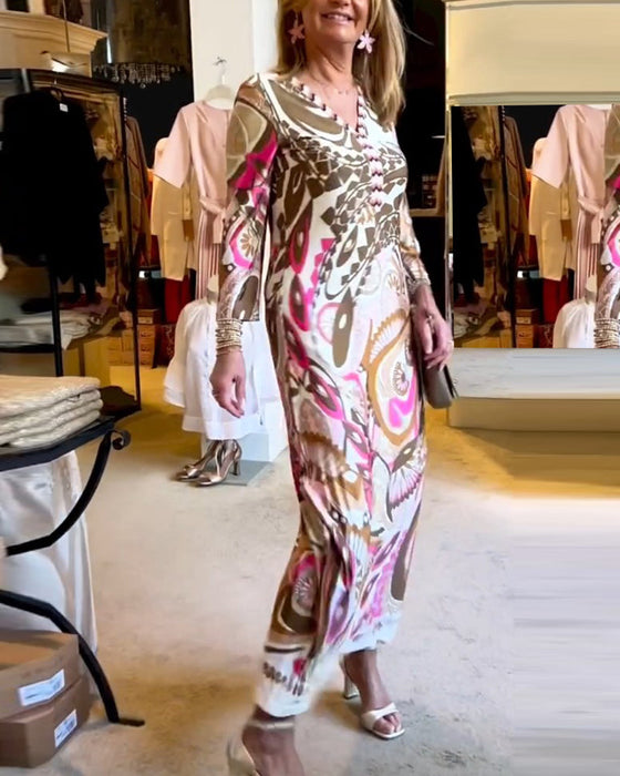 Długa sukienka z dekoltem w kształcie litery V z nadrukiem