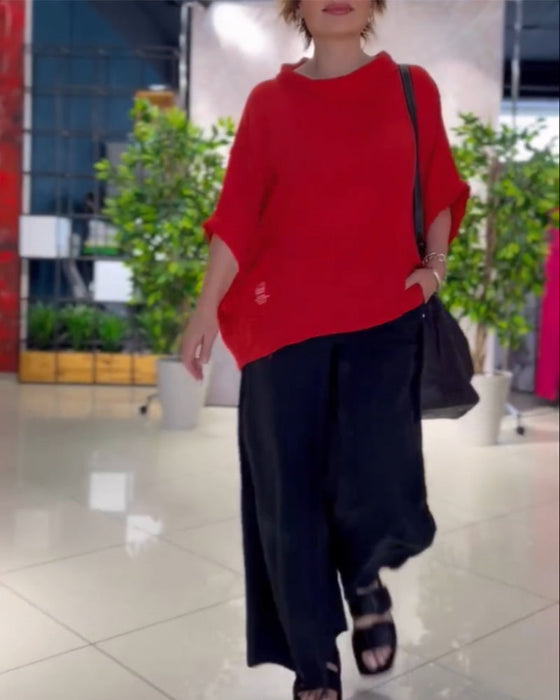 Luźna bluzka z okrągłym dekoltem w jednolitym kolorze