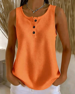 Tank Top Okrągły Dekolt Bez Rękawów Wafel Guzik