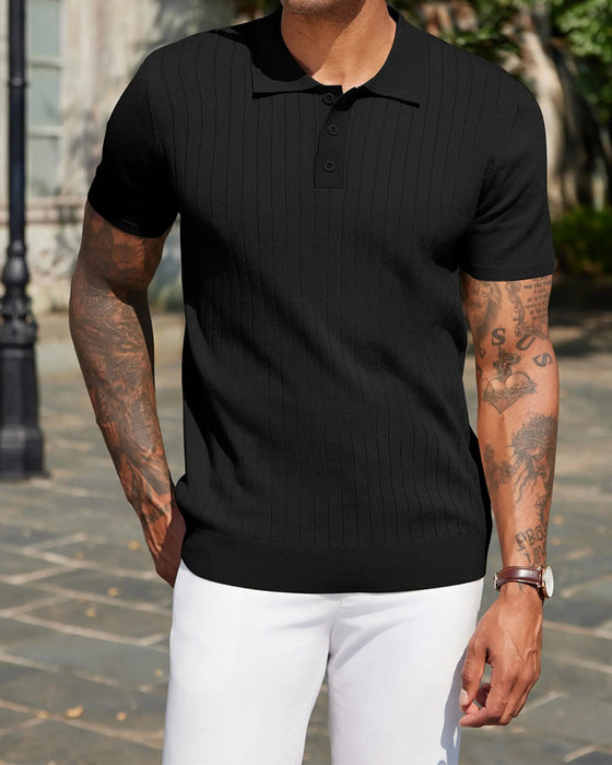 T-Shirt Żebrowany Dzianina Polo Kołnierz
