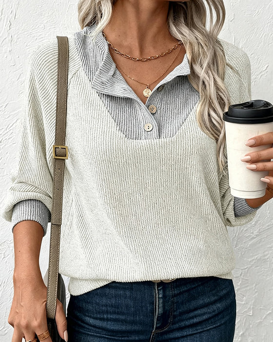 Knit Top Z Kontrastowym Kołnierzykiem Z Długim Rękawem