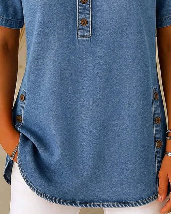 Top Guziki-Przód Denim Krótki Rękaw