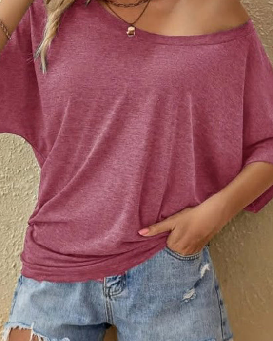 T-Shirt Jednokolorowy Luźny Rękaw Nietoperz
