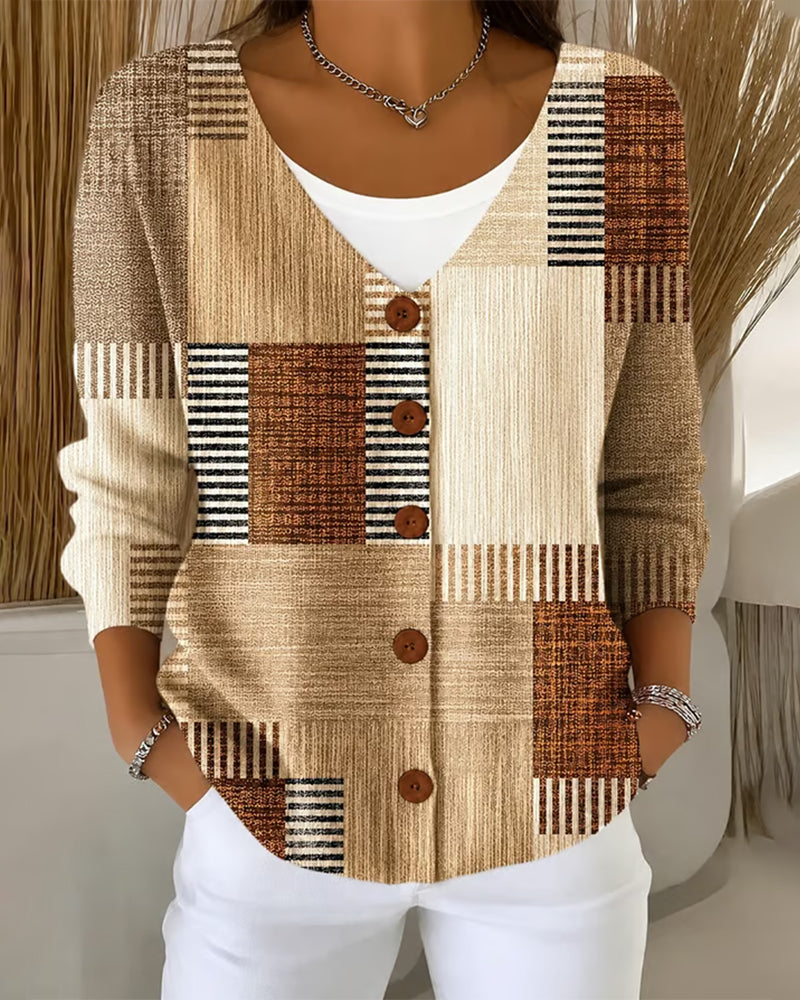 Cardigan Vintage Blok Kolorów W Kratę Patchwork