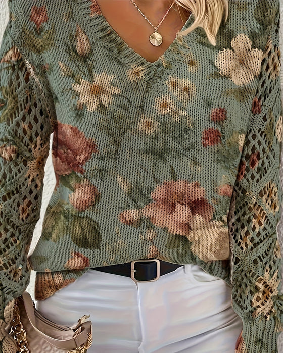 Sweter Jacquard V-Neck Ażurowy Długi Rękaw
