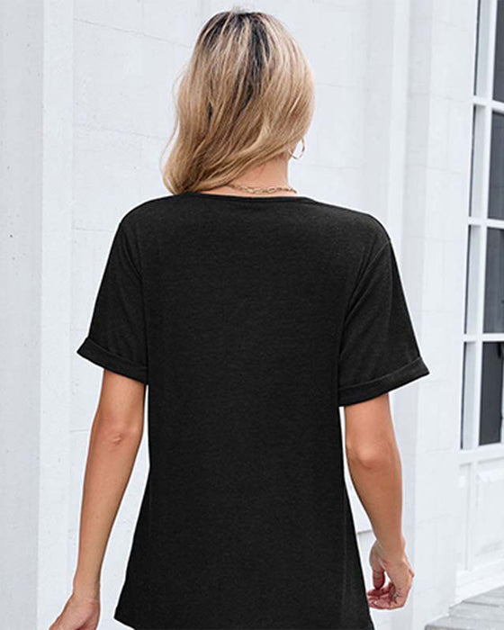 T-Shirt Jednokolorowy Dekolt W Kształcie Litery V Casual Krótki Rękaw