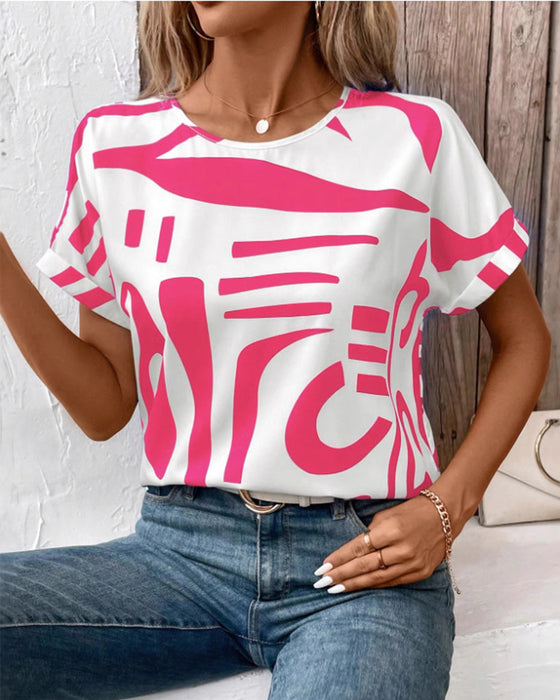 T-Shirt Okrągły Szyj Krótki Rękaw Geometryczny Nadruk