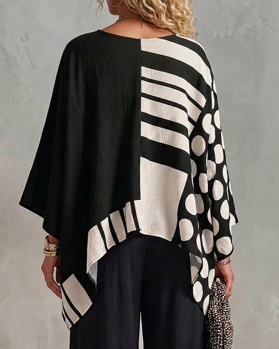 Bluzka Polka Dot Pasek Patchwork V Szyja