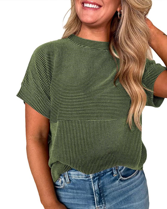 T-Shirt W Paski Krótki Rękaw Okrągły Dekolt