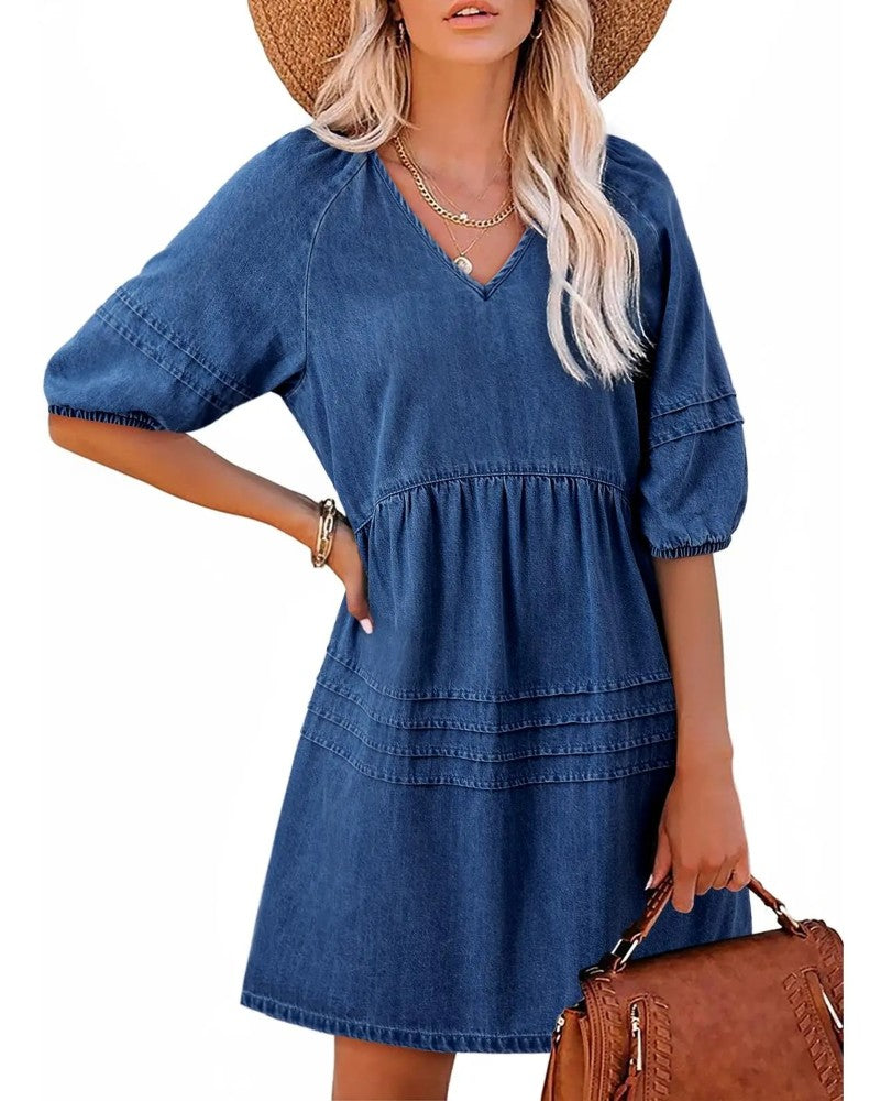 Sukienki Denim V-Szyja Puff Rękaw
