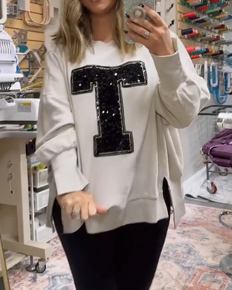Sweatshirt T-Design Cekiny Haftowany Okrągły Dekolt