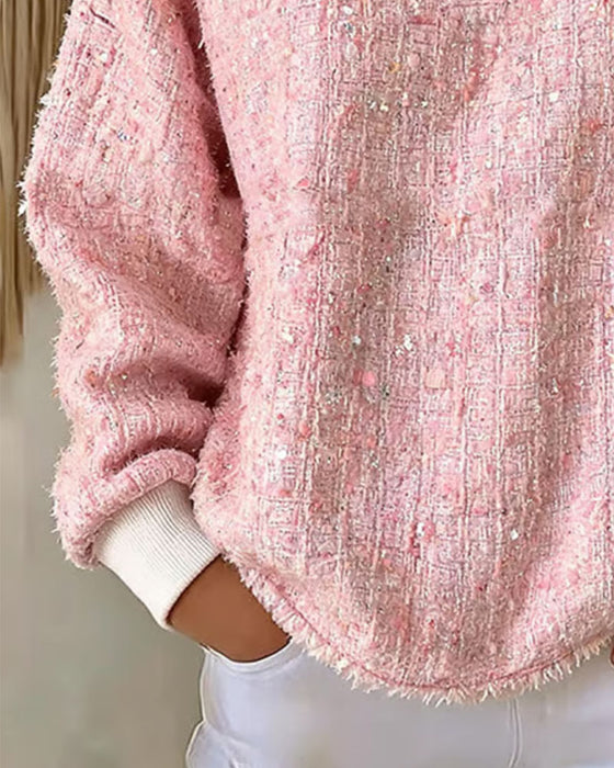 Bluza Tweed Kołnierz Henley Zapięcie Na Guziki