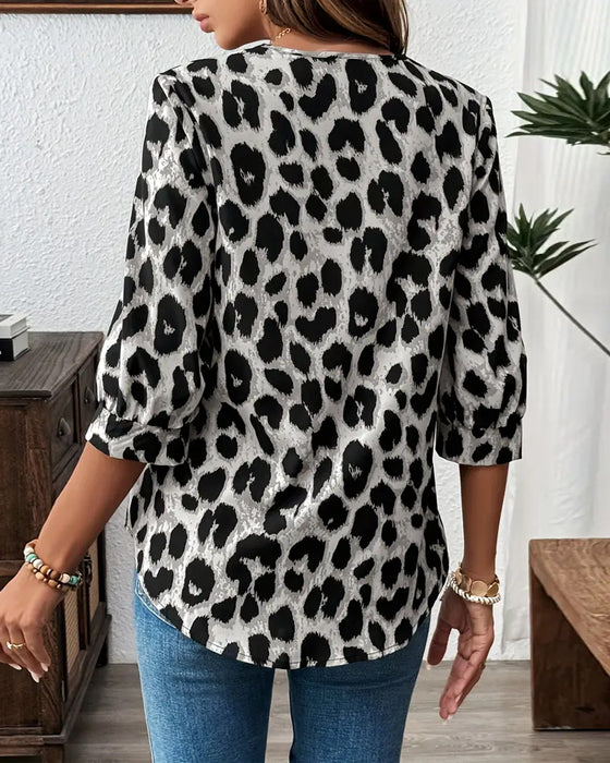 Bluzka 3/4 Rękaw Leopardzi Nadruk Luźna