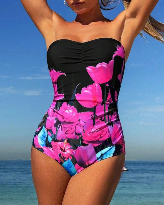 Strój Kąpielowy Bandeau Kwiatowy Wzór Jednoczęściowy