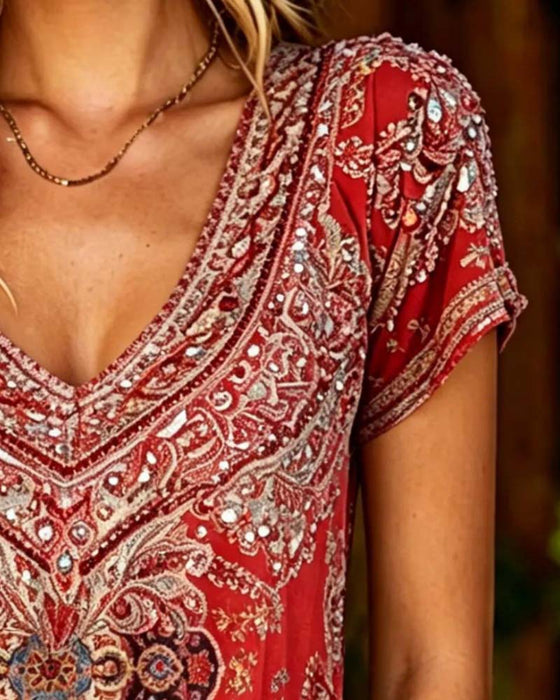 T-Shirt Boho Z Dekoltem V Drukowany Krótki Rękaw