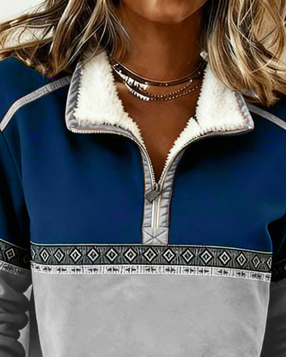 Bluza Retro Z Color Blocking I Futrzanym Kołnierzem