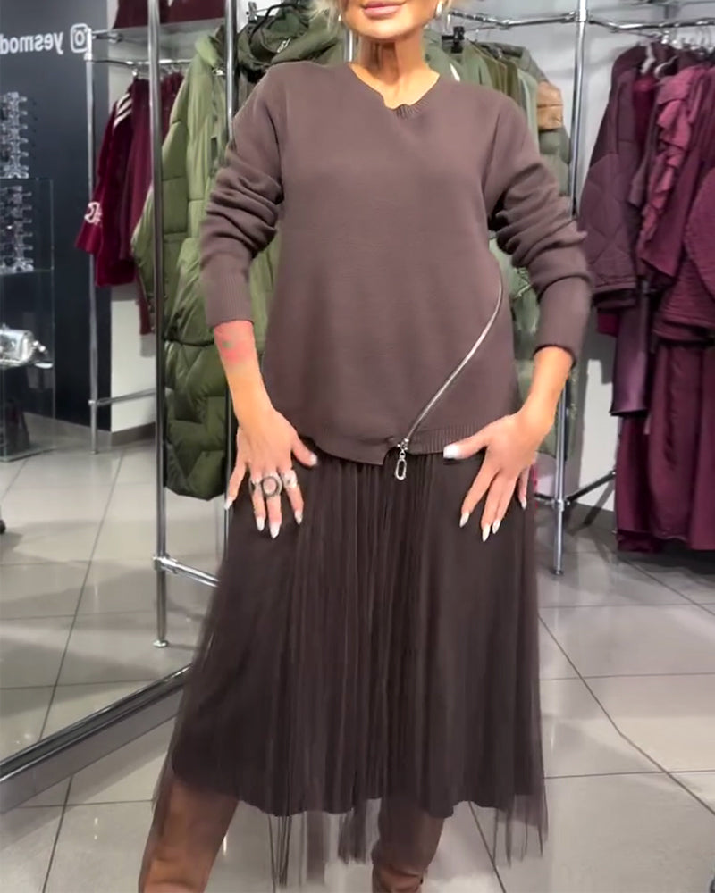 Stylowy Zestaw Z Bluzą O Okrągłym Dekolcie I Zamkiem