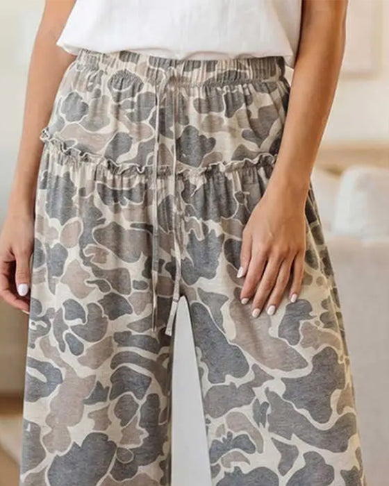 Spodnie Elastyczna Talia Kamuflaż Ruffle Capri