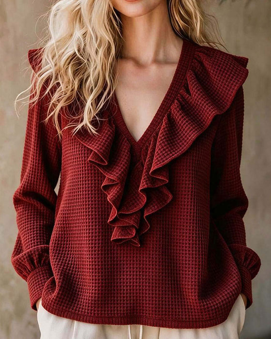 Bluse Vaffelstrik V-Hals Ruffle