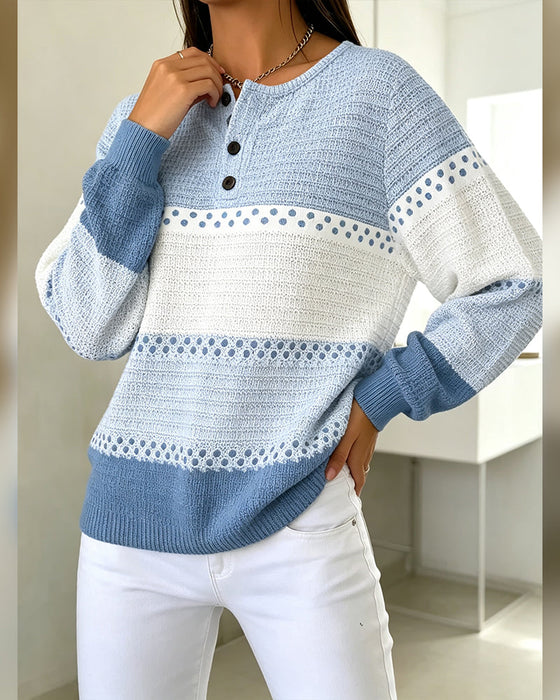 Bluza Blok Kolorów Dzianina Waflowa Henley Sweter