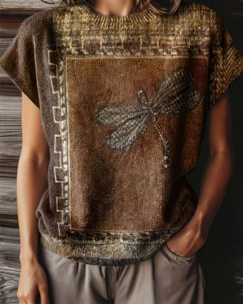 Sweter Wzór Ważka Okrągły Dekolt Krótki Rękaw