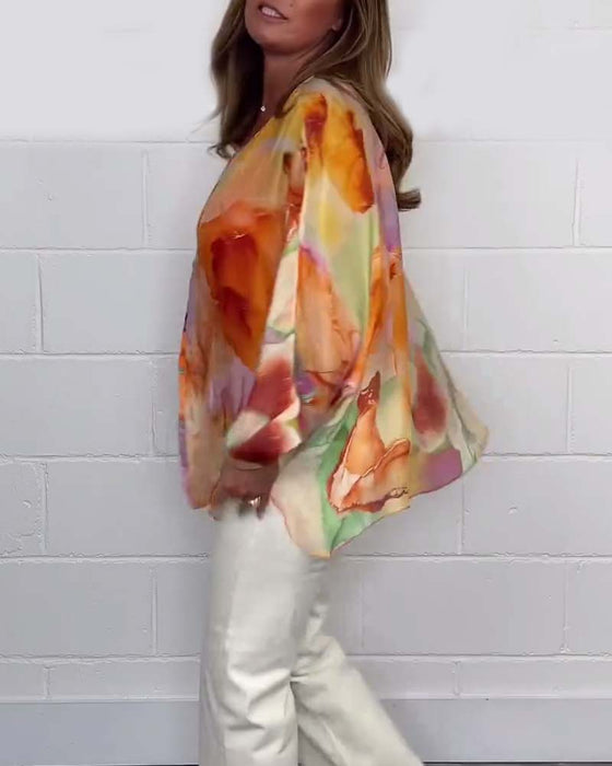 Bluzka z długim rękawem i dekoltem w kształcie litery V z nadrukiem w stylu casual