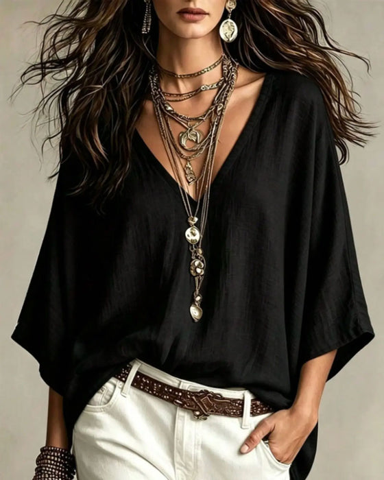 Blouse V-Dekolt Trzyczwarty Rękaw Luźny