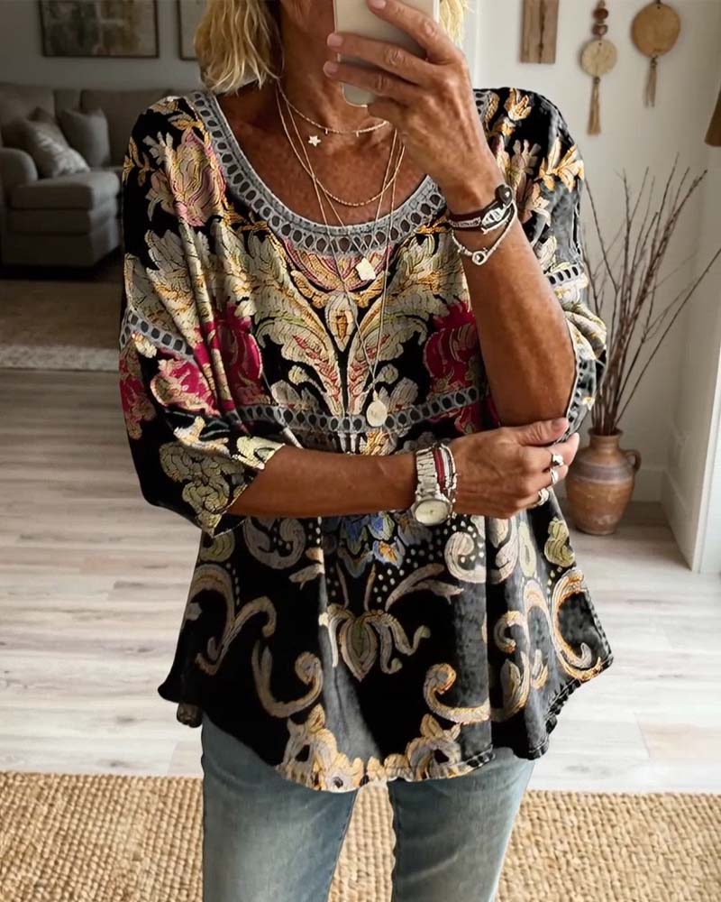 Bluzka Bohemia Ażurowa Z Nadrukiem