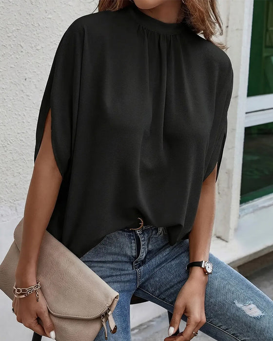 Bluzka Mock Neck Plisowany Trzy Czwarte Rękaw Gładki