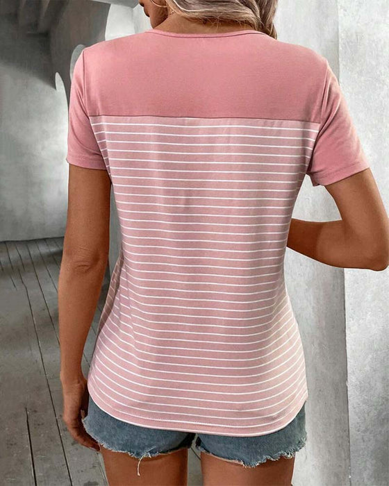 T-Shirt Krótkie Rękawy W Paski Kontrastowy