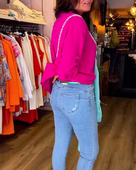 Bluzka w jednolitym kolorze z dekoltem w kształcie litery V i rękawami trzy czwarte