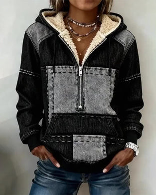 Bluza Z Kapturem Retro Kolor Blok Z Wykładziną Z Polaru