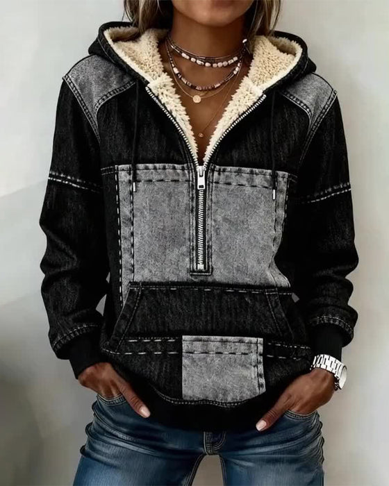 Bluza Z Kapturem Retro Kolor Blok Z Wykładziną Z Polaru