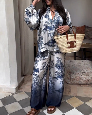 Dwuczęściowy kombinezon z rękawami typu lampion w roślinny gradientowy wzór