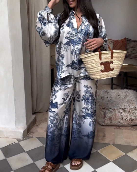 Dwuczęściowy kombinezon z rękawami typu lampion w roślinny gradientowy wzór