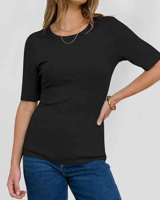 T-Shirt Okrągły Dekolt Prążkowany Dopasowany