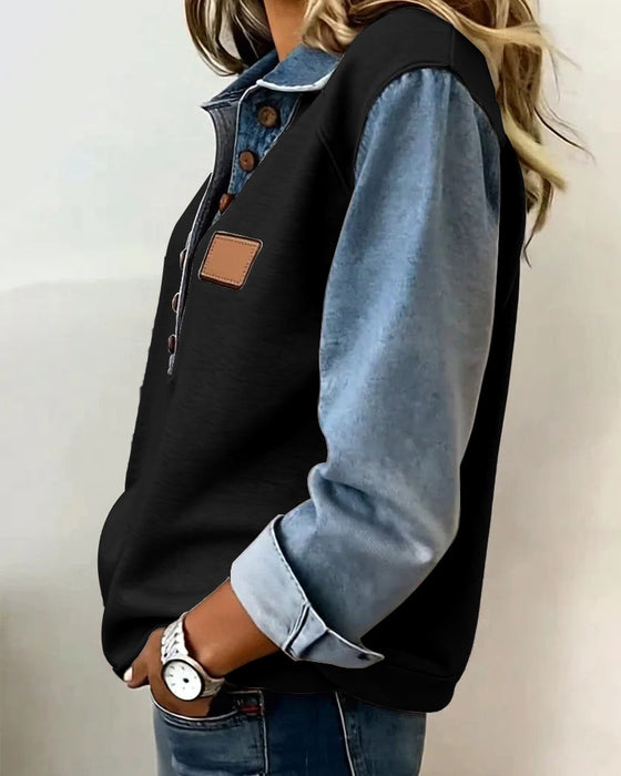 Bluza Dresowa Stylowa Dżins Patchwork Długi Rękaw