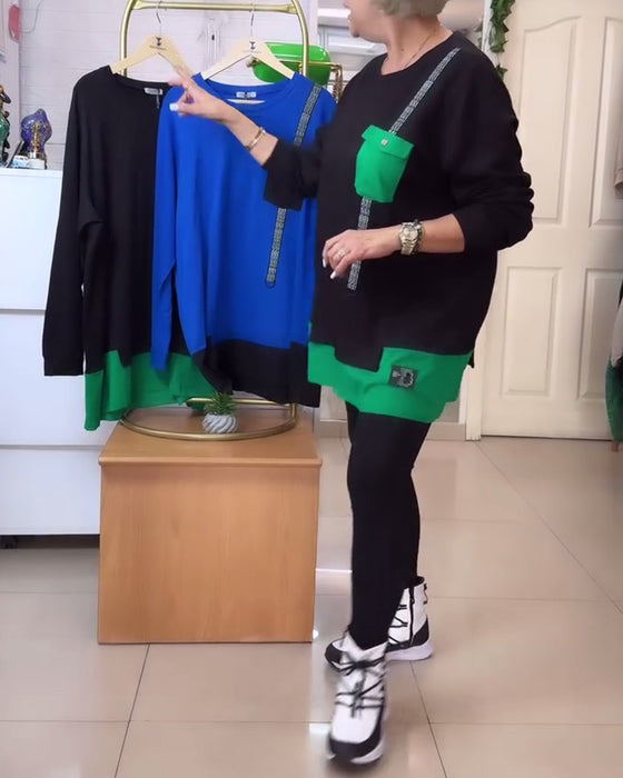 Bluza casualowa z okrągłym dekoltem i kieszeniami w kontrastowym kolorze