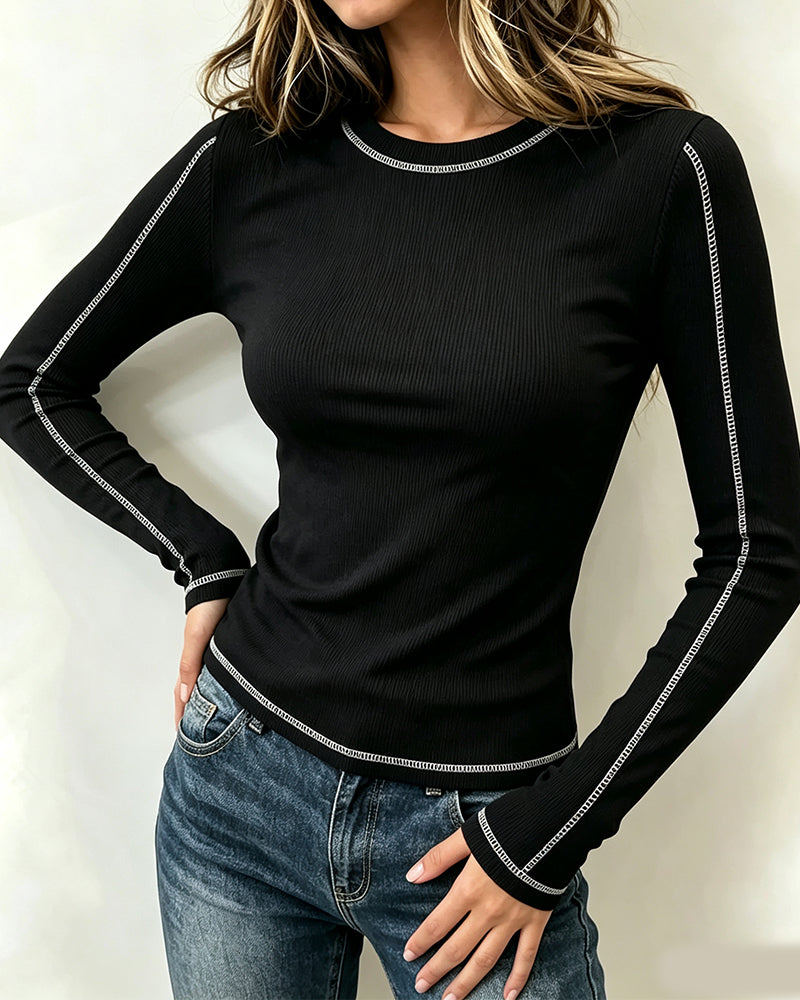 Top Stylowy Okrągły Dekolt Slim Fit Długi Rękaw