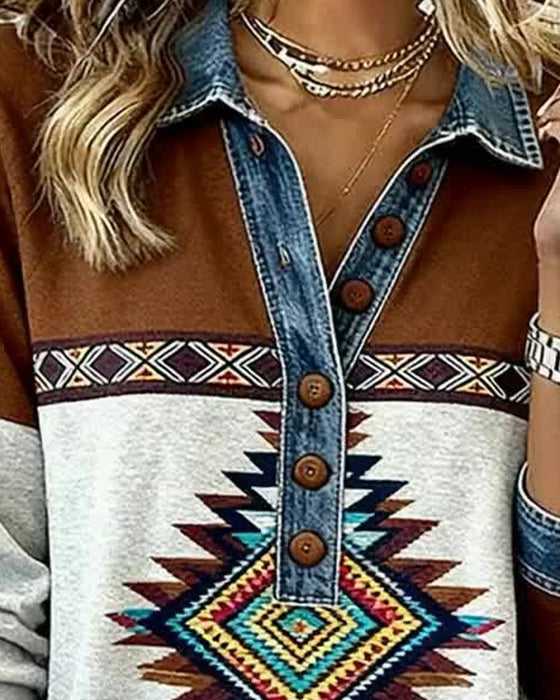 Drukowana Bluza Color-Block Z Zapięciem Na Guziki