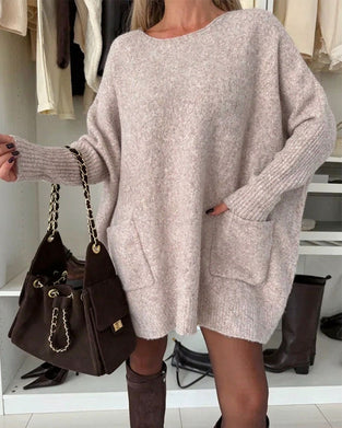Sweter Okrągły Dekolt Sweter Kieszeń Luźny