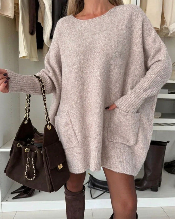 Sweter Okrągły Dekolt Sweter Kieszeń Luźny