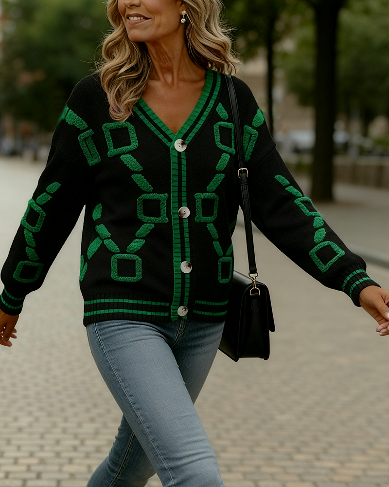 Kardigan Modny Kolor Kontrastowy Dekolt V