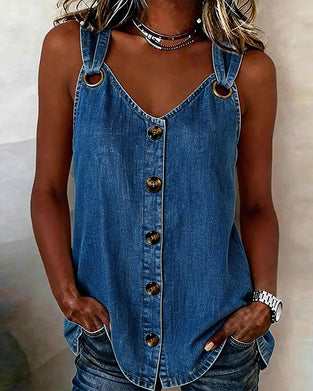 Tank Top Metalowa Klamra V-Szyjka Denim