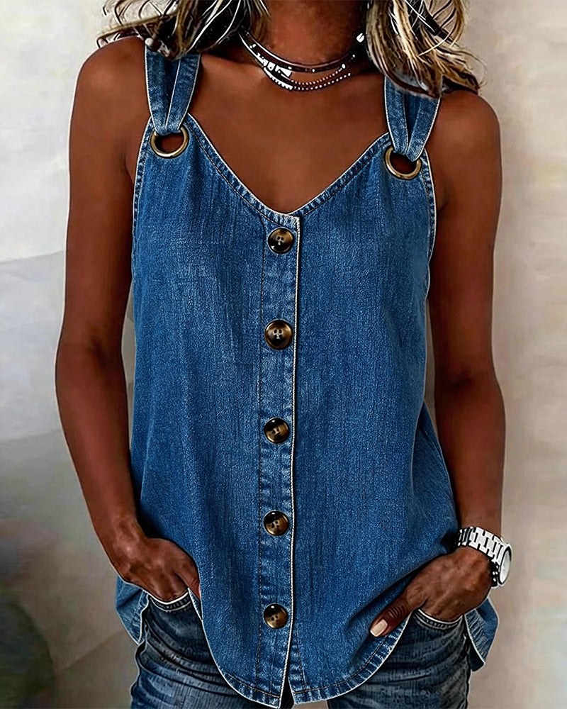 Tank Top Metalowa Klamra V-Szyjka Denim