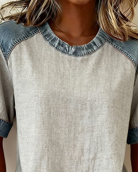 Top Dżinsowy Patchwork Krótki Rękaw