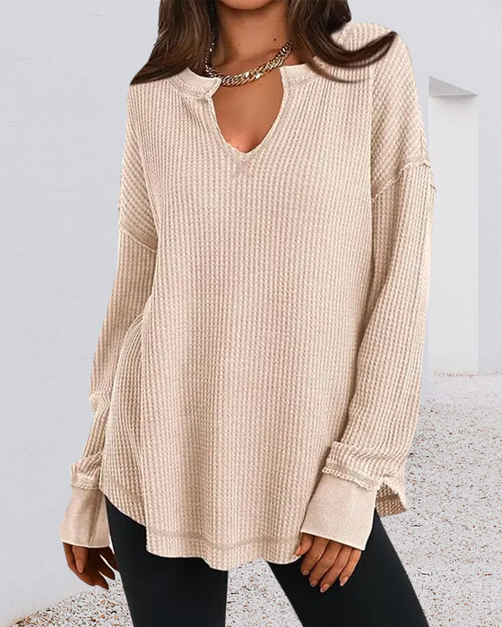 Top Wafel Henley Długi Rękaw